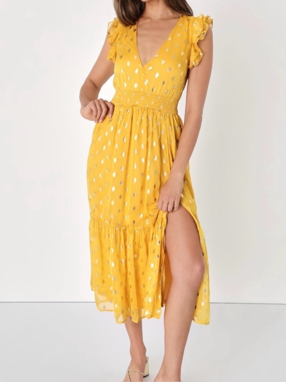 Lulus Cause to Celebrate Yellow and Gold Dot Ruffled Tiered Midi Dress, Size L